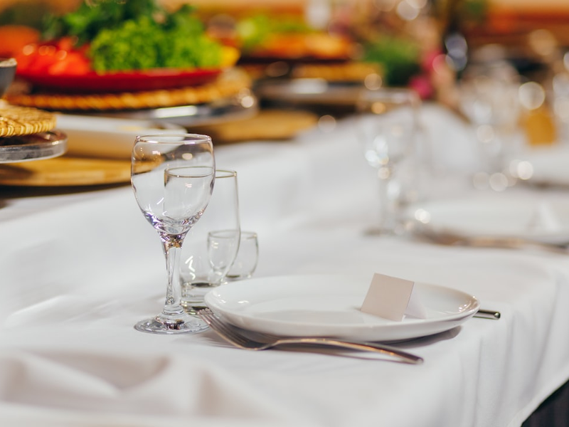 Banquet table loaded with festive dishes